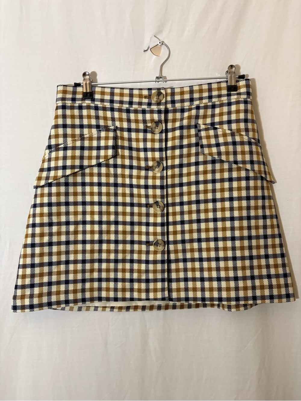 H&M Plaid Button-Front Mini Skirt in Mustard, Navy & Cream